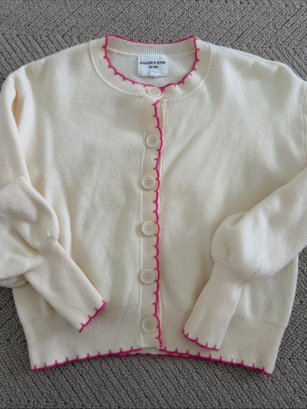 Willow & Wind Cream Cardigan with Pink Scallop Trim